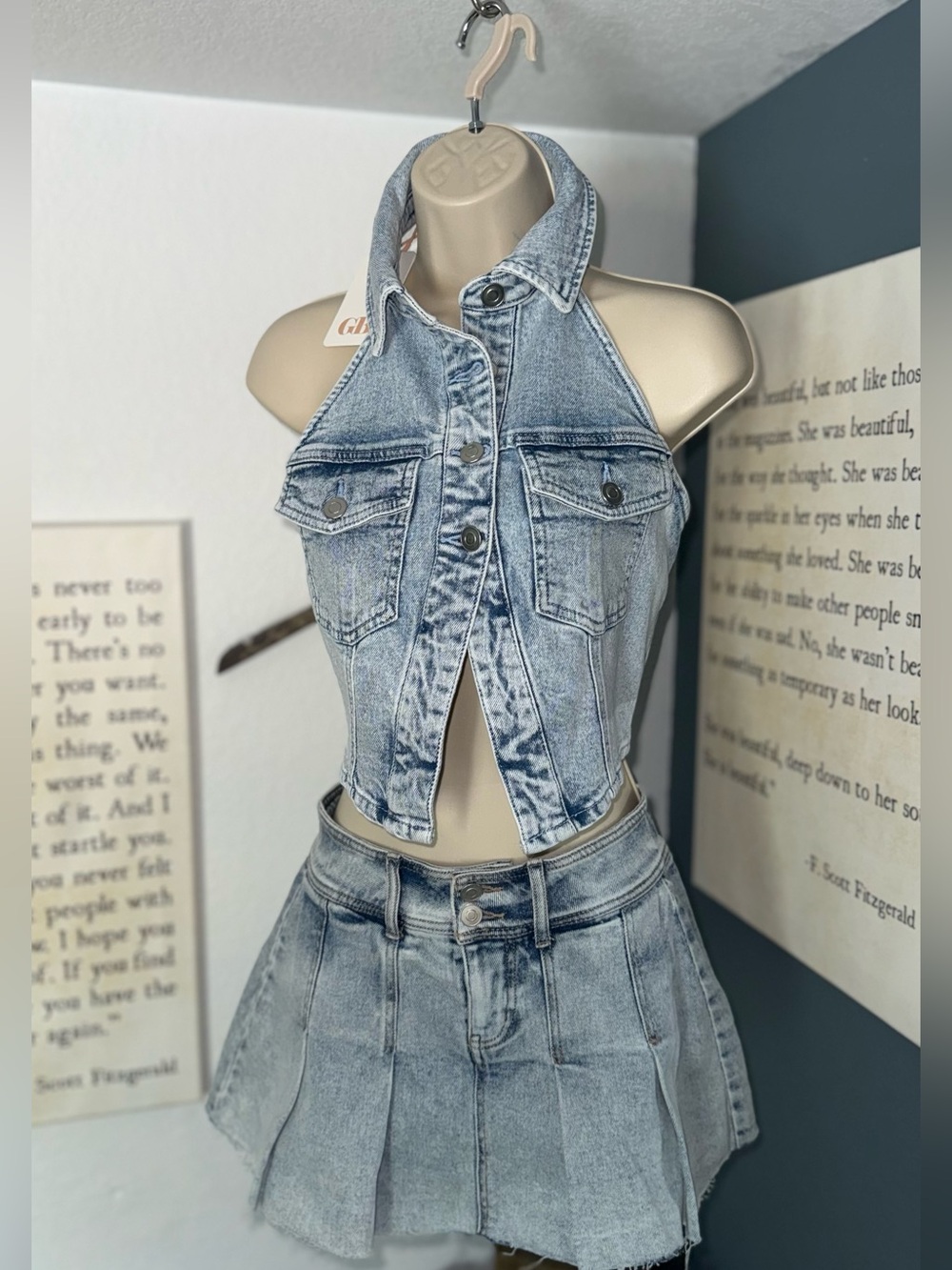 GB Light Wash Denim Halter Crop Top & Pleated Mini Skirt‎ Set